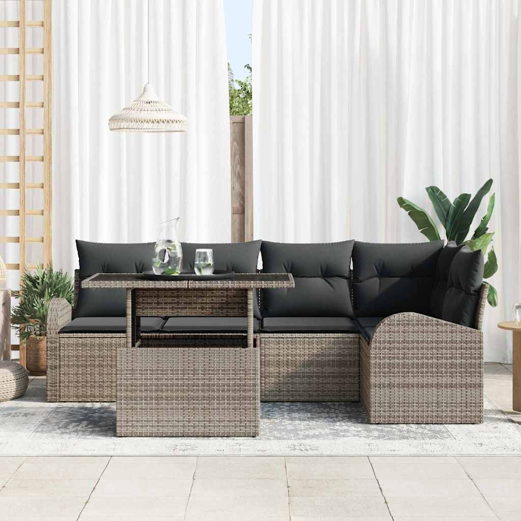 Garten-Sofa-Set mit Kissen mit Speicher 6 pcs Grau Poly Rattan
